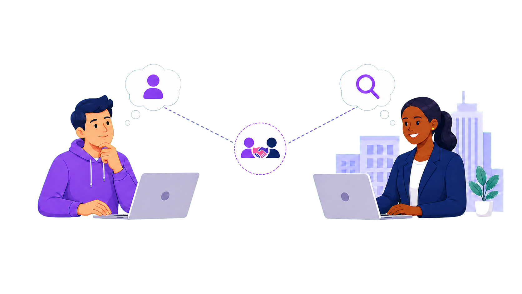 A job seeker and an employer connect through WorkMatchApp matching.